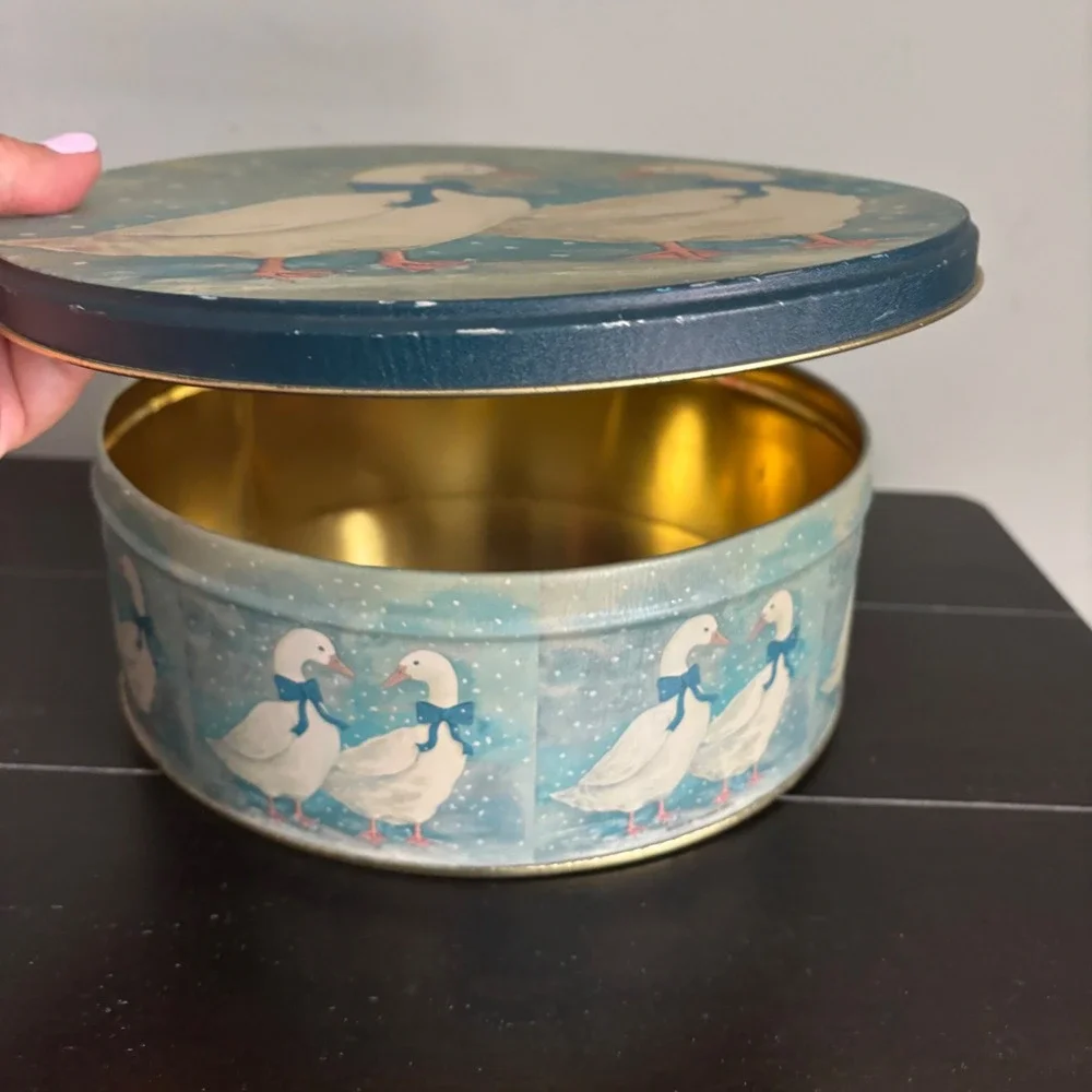 Vintage Country Geese Blue Bowed Goose 80s Biscuit Tin Sewing Kit Button Box